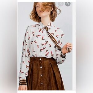 Zara White Button-Down Blouse with Red Bird Print